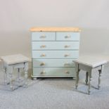 A pine and blue painted chest, 80cm, together with a pair of grey painted occasional tables,