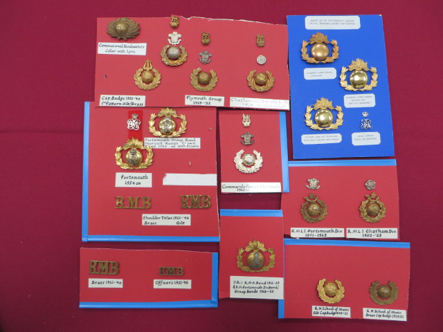 Selection of Royal Marine Band Badges including 2 part brass and white metal RMLI Portsmouth Div ...