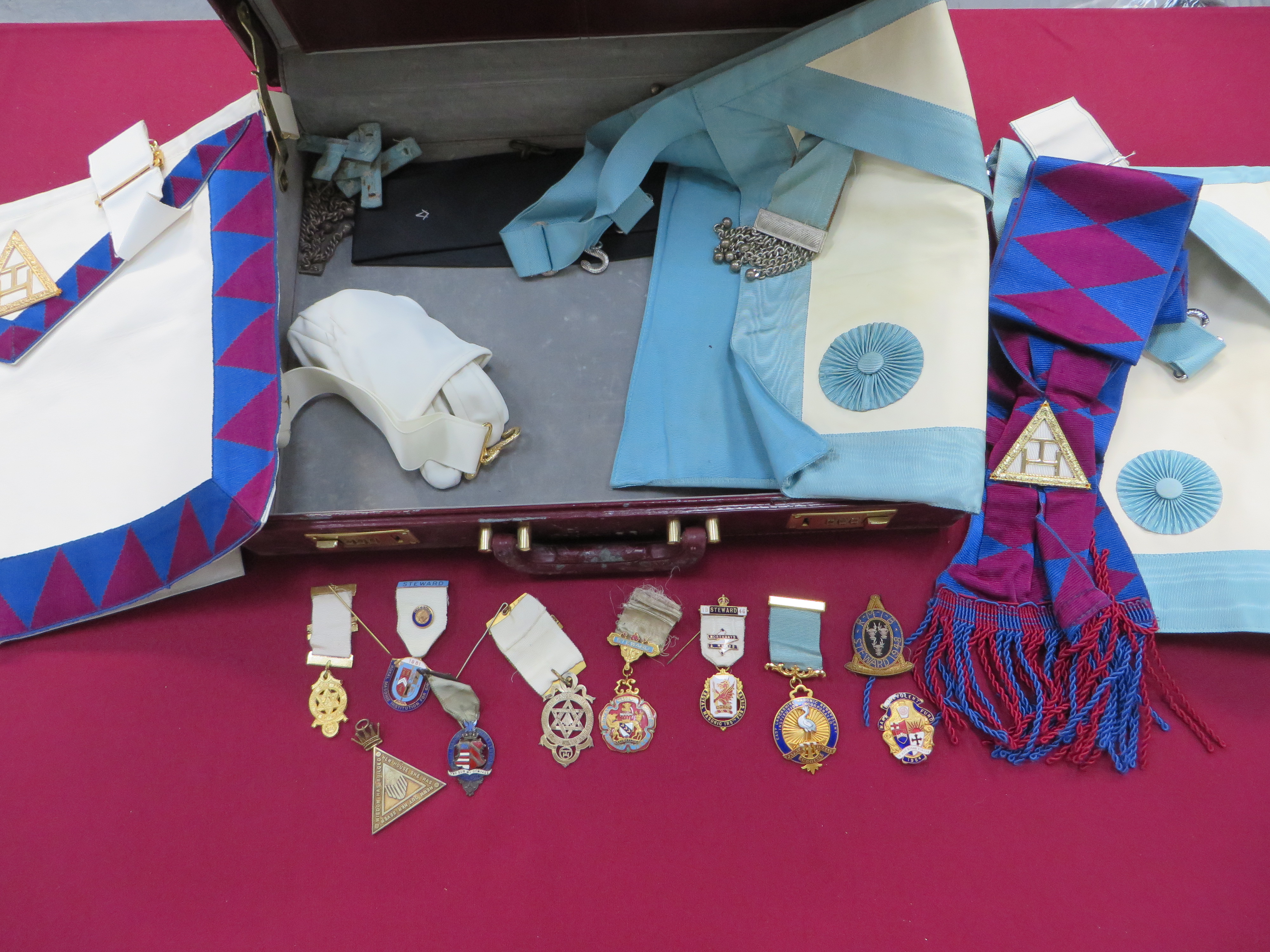 Selection of Masonic Medals and Regalia including gilt and enamel East Lancashire Masonic Benevolent