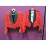 Two Officer Mess Uniforms consisting 20th London scarlet mess jacket. Black collar, cuffs and