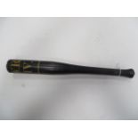 William IV Police Truncheon 16 inch black painted truncheon with flat top and bulbous ended grip.