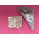 WW1 Period Naval Auto Pistol Holster and Pouch brown leather holster. The side seams with copper