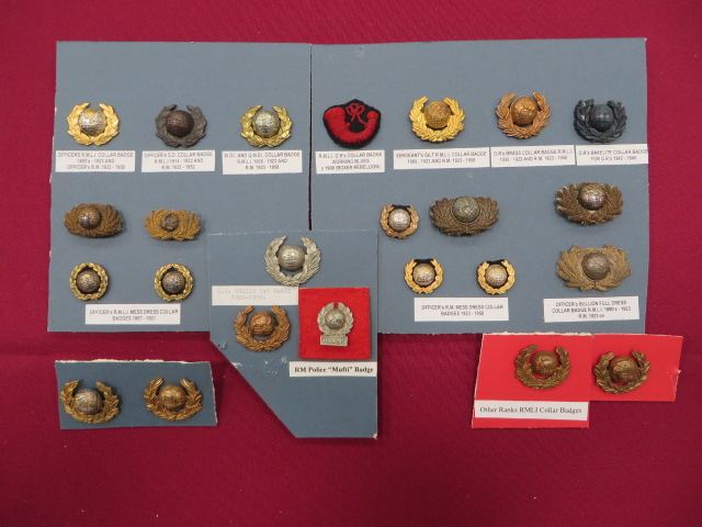 Good Selection of Royal Marine Collar Badges including silvered and gilt RM Officer ... Bronzed RM