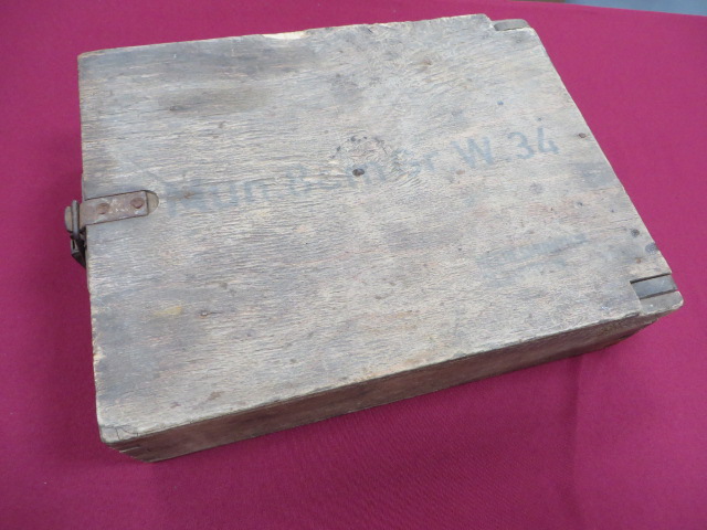 WW2 German Grenade Transit Box wooden rectangular box with hinged plywood lid secured by a steel