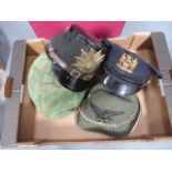 Small Selection of Various Hats consisting post WW2 German Police shako with patent leather crown,