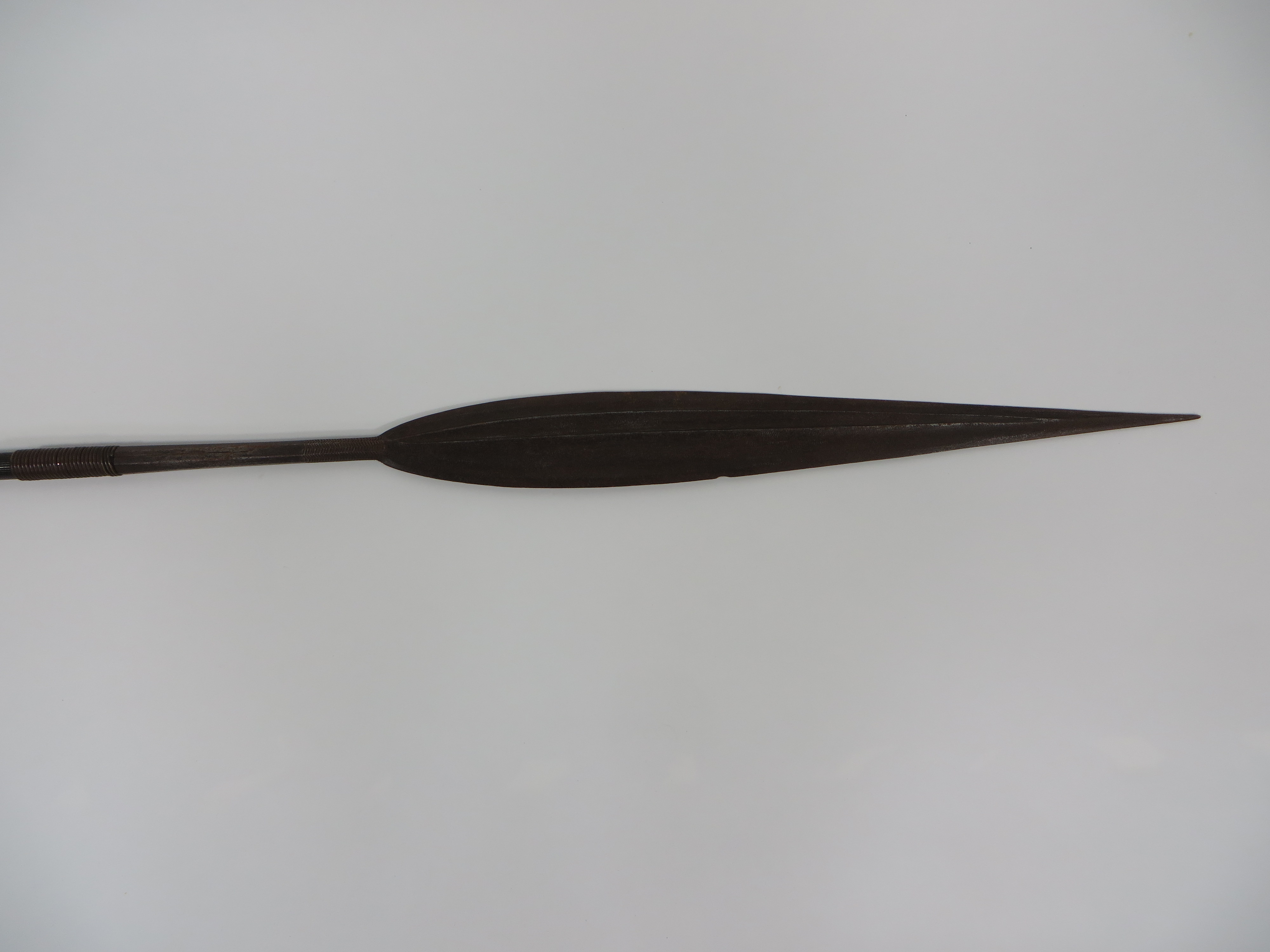Mid 19th Century Sudanese Spear impressive 24 inch x 3 inch broad leaf shape blade. Offset raised