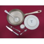 Selection of WW2 Luftwaffe Field Kitchen Items consisting white metal frying pan. The long handle