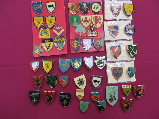 Good Selection of South African Breast/Arm Badges plastic coated enamel shields including South