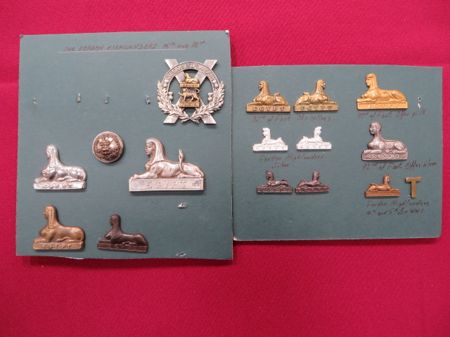 Selection of Gordon Highlanders Badges consisting bi-metal bonnet badge ... Silvered sphinx pouch