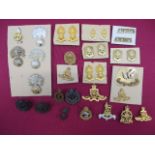 Selection of Corps Cap and Collar Badges cap including QC silvered and gilt RAEC ... KC bronzed