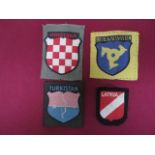 Four Various German Foreign Nationals Arm Badges consisting Hrvatska Volunteers arm shield. Bevo