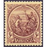 BARBADOS STAMPS : 1921 3d Purple and Pale Yellow. Variety A of CA missing from watermark.