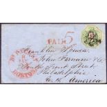 GREAT BRITAIN POSTAL HISTORY 1851 1/- embossed (cut to shape) on envelope to USA 26th Dec 1851.
