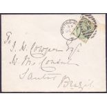 GREAT BRITAIN POSTAL HISTORY 1885 envelope Notting Hill to Brazil franked by 4d green SG 192,