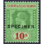 GILBERT AND ELLICE STAMPS : 1924 GV 10/- overprinted 'SPECIMEN, lightly M/M, SG 35s.