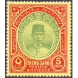 MALAYA STAMPS : TRENGGANU 1938 $5 Green and Red Yellow.