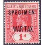 GILBERT AND ELLICE STAMPS : 1918 GV Wat Tax 1d issue overprinted 'SPECIMEN', lightly M/M, SG 26s.