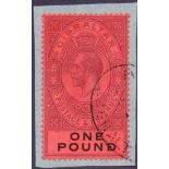 GIBRALTAR STAMPS : 1912 £1 Dull Purple and Black Red. A very fine used example on small piece.