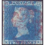 GREAT BRITAIN STAMPS 1841 2d Blue cancelled by RED MX (scarce) , two margins.