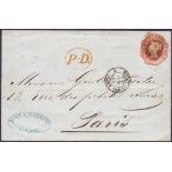 GREAT BRITAIN POSTAL HISTORY 1854 10d Embossed (cut to shape) on wrapper from London to Paris dated