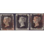 GREAT BRITAIN STAMPS , PENNY BLACKS Three four margin examples stated to be plate 3, 5 and 7.
