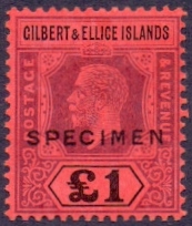 GILBERT AND ELLICE STAMPS : 1924 GV £1 overprinted 'SPECIMEN', lightly M/M, SG 24s.