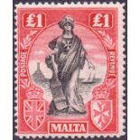 MALTA STAMPS : 1922 £1 Black and Carmine Red.