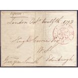 GREAT BRITAIN POSTAL HISTORY 1793 wrapper from London to Edinburgh cancelled an early Free