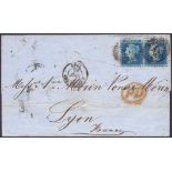 GREAT BRITAIN POSTAL HISTORY 1856 wrapper from London to Lyon France franked by two 2d stars,