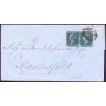 GREAT BRITAIN POSTAL HISTORY 1841 2d plate 3 Blue four margin pair used on entire from London to