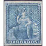 BARBADOS STAMPS : 1855 1d Pale Blue. Fine mounted mint four margin example with 2005 Basal Cert.
