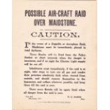 KENT, 1915 Zeppelin Raid notice, "Possible Air-craft raid over Maidstone.