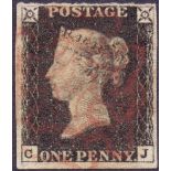 GREAT BRITAIN STAMPS , PENNY BLACK Plate 4 (CJ) four margin example .