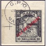 MALTA STAMPS : 1922 10/- Black over-printed Self Government, superbly used example on piece.