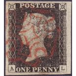 GREAT BRITAIN STAMPS, PENNY BLACK Plate 2 lettered (AL) Grey Black massive margins, fine stamp.