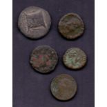 Ancient coins , five coins possibly Greek.