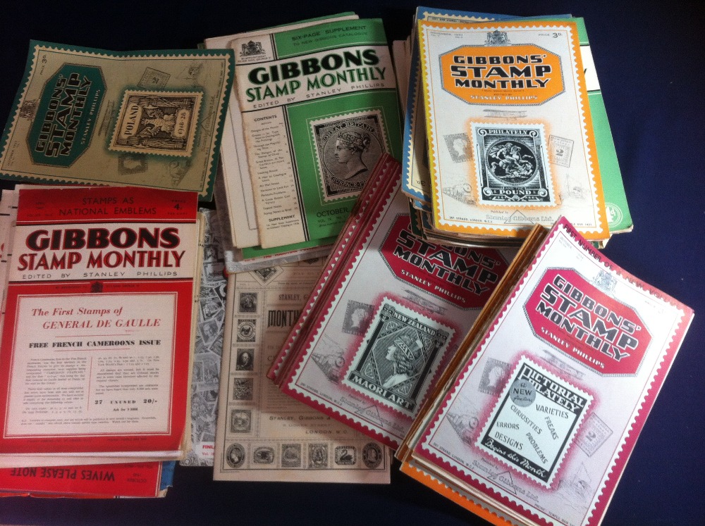 Box of Stanley Gibbons Monthly Journals including many from the 1930's and 1940's fascinating