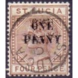 St Lucia Stamps : 1891 1d on 4d Brown, scarce SURCHARGE DOUBLE Printed. Fine used.