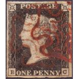 Great Britain Stamps : Plate 1b (BC) Penny Black four margin example cancelled by two strikes of a