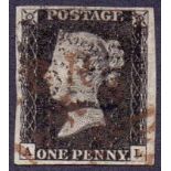 Great Britain Stamps : Plate 2 (AL) Penny Black fine four margin example cancelled by Brownish Red