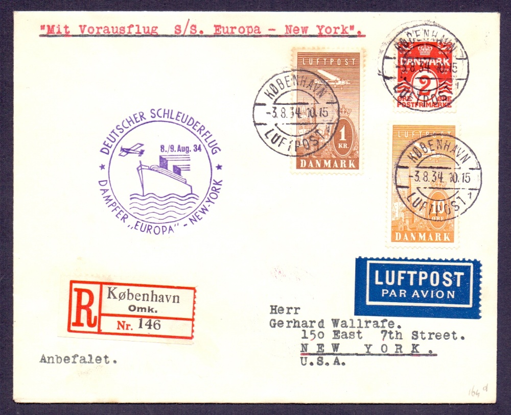 Postal History : CATAPULT MAIL, 1934 8th Aug,
