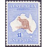 Australia Stamps : 1913 £1 Roo, very lightly M/M (SG 15). Cat £3000. Has blunt top corner perf.