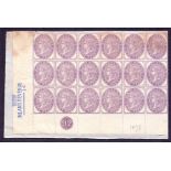 Great Britain Stamps : 1875 Postal Fiscals. 1d dull purple SG L119 (F19)die I.