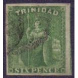 Stamps : Trinidad, 1859 6d deep green, four margin imperf, f/u with ironed out corner crease, SG 28.