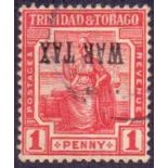 Trinidad Stamps : 1917 1d red, 'War Tax' inverted overprint fine used, SG 176a.