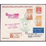 Postal History : CATAPULT MAIL, 1934 22nd Aug, registered envelope franked with three Danish stamps,