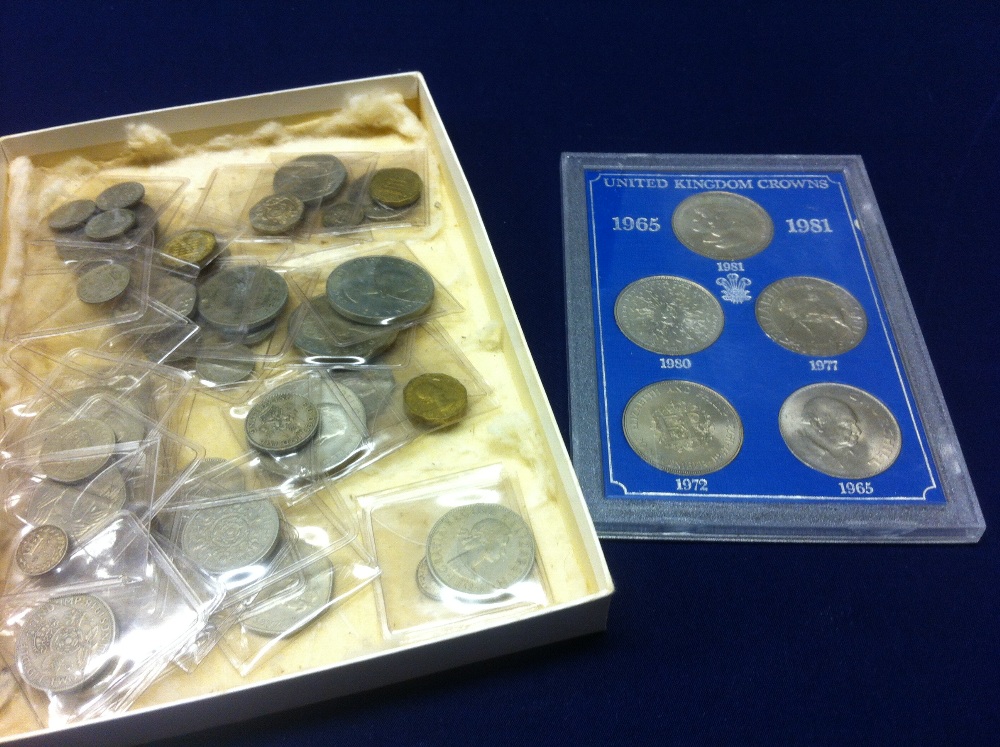 COINS: Small box of mainly pre-decimal GB coins and crowns, florin, sixpences, shillings etc.