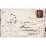 Great Britain Postal History : Penny Black Plate 8 (SL) four margin example tied to wrapper by red