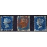 Great Britain Stamps : 1840 Two Penny Blues (BI) (NJ) (NA) three to four margin examples,