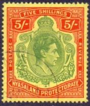 Nyasaland Stamps : 1938 5/- Green and Re